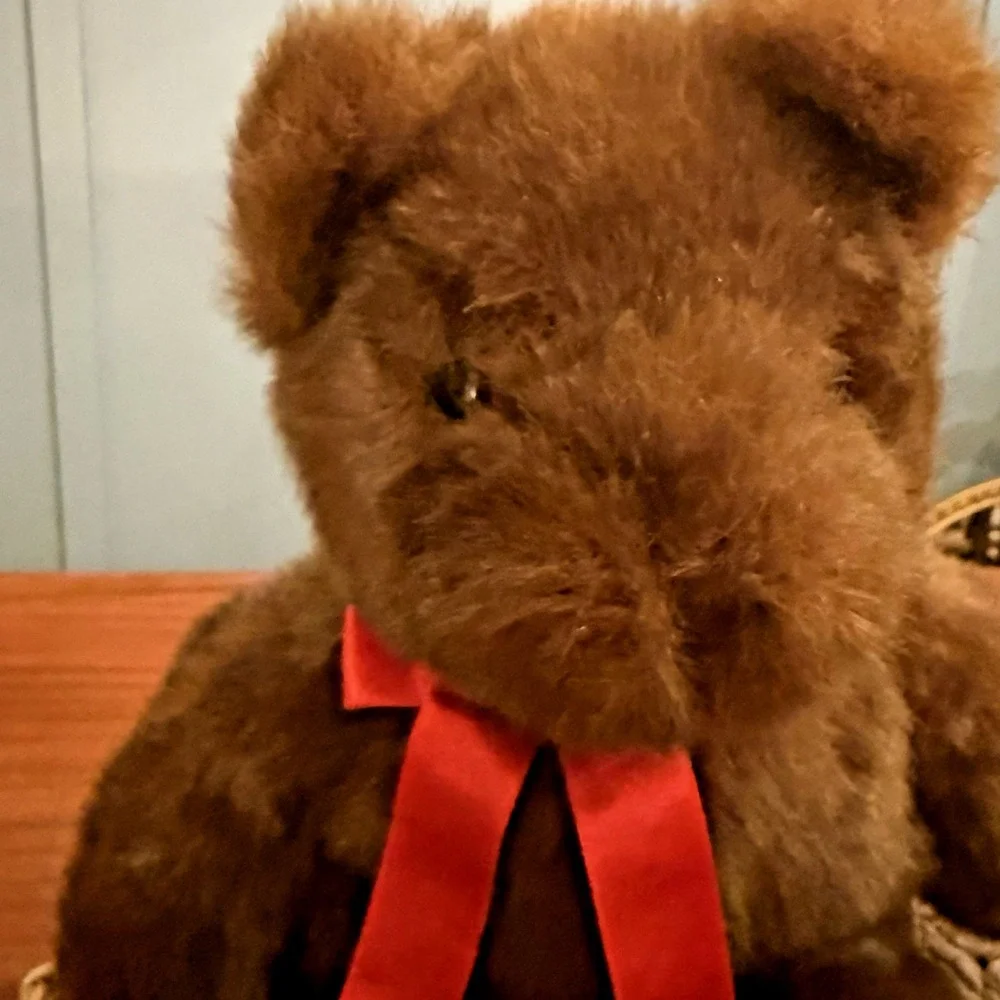 Vintage‎ TY PJ (1990) Brown Teddy Bear W/ Red Bow 1st Generation *EUC* Plush 17